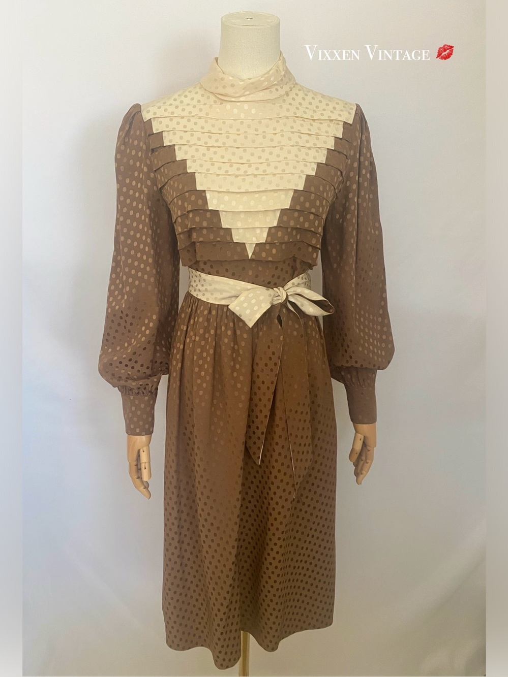 VINTAGE 1980'S JOANIE CHAR SILK POLKA DOT 3-PIECE PRAIRIE SKIRT OUTFIT IN MOCHA